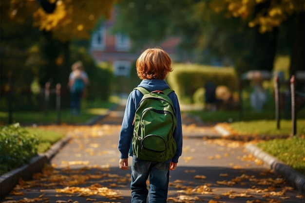 Aventura de regreso a clases para un niño de primaria con mochila