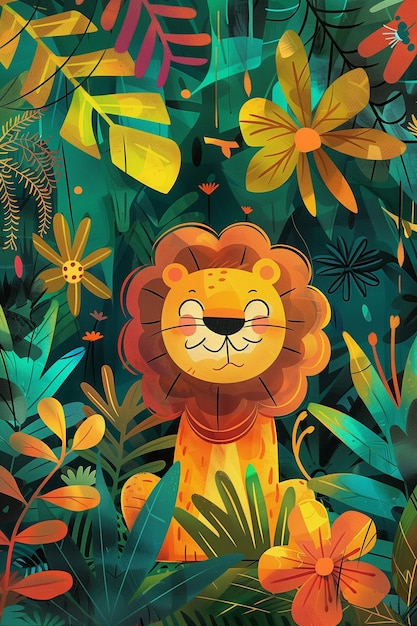 Aventura en la selva con el león juguetón Escena de ilustración digital