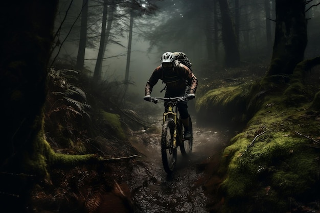 Aventura en el sendero forestal Ciclista de montaña en el bosque generativo por Ai