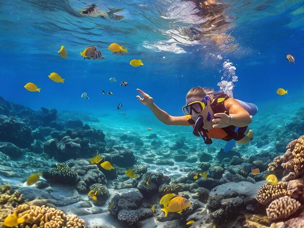 Aventura subaquática nadando debaixo de recifes multicoloridos explorando a beleza aquática