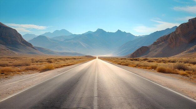 Foto aventura de viaje sin fin camino del desierto simétrico que conduce a la futura expedición al desierto asfalto vacío