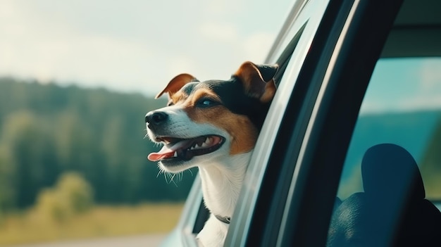 La aventura de viaje de un perro feliz en un viaje soleado en automóvil IA generativa