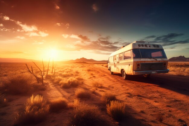 Aventuras por carretera en una caravana al atardecer Creado con tecnología de IA generativa