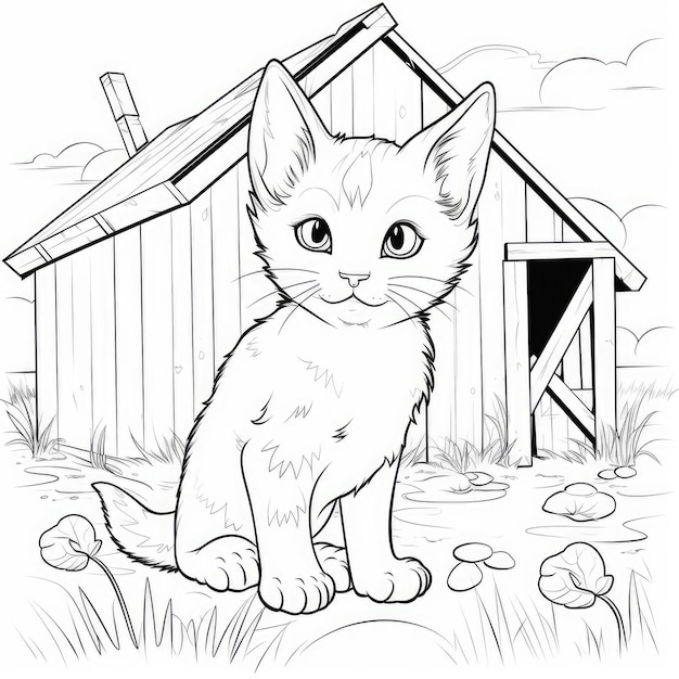 Aventuras de gatos de raça mista Caprichosas Página de colorir em preto e branco para crianças