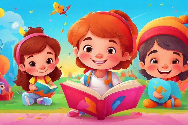 Aventuras de personagens Crianças leem e descobrem aventuras em histórias no Dia Mundial do Livro