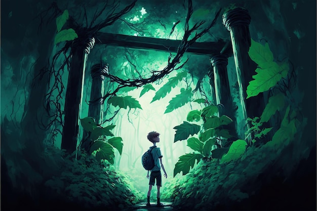 Aventuras de un joven en el bosque profundo ilustración de estilo de arte digital pintura ilustración de fantasía de un viajero en el bosque