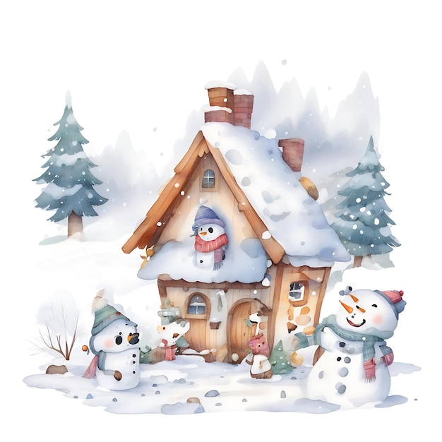 Aventuras de la nieve Acuarela Pintura de una casa de los hombres de nieve