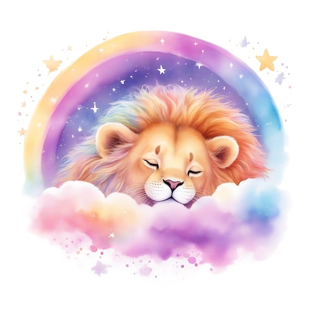 Aventuras en el país de los sueños Imagen de dibujos animados adorable de un pequeño león en las nubes