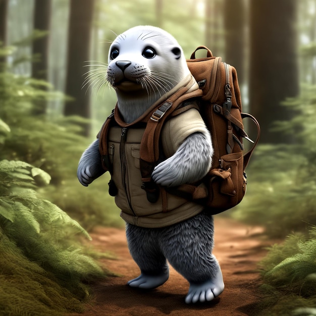 Aventureiro Anthro Seal Cub Caminhada detalhada pela floresta