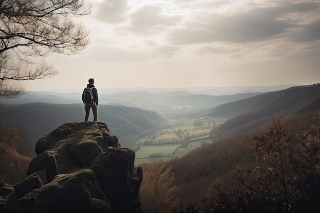 Aventureiro ao ar livre em pé no penhasco com vista para uma paisagem deslumbrante criada com IA generativa