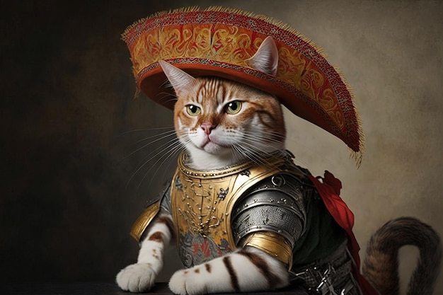 Aventureiro conquistador conquistador espanhol como gato famoso ilustração de retrato de personagem histórico generativo ai