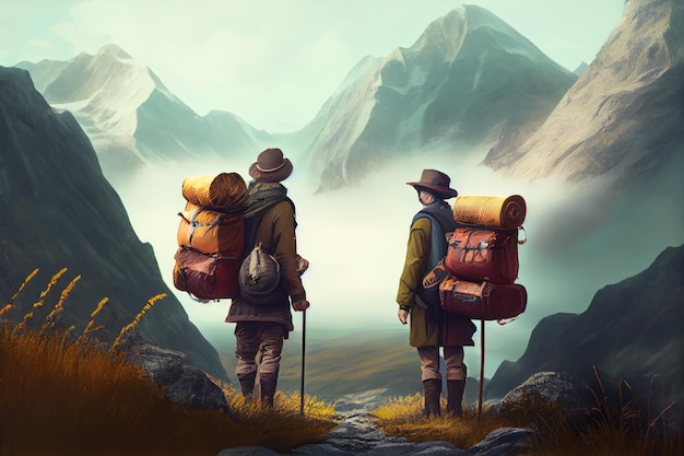 Aventureiros com malas para viajar nas montanhas