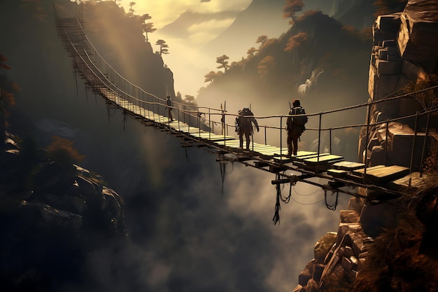 Foto aventureiros cruzando uma ponte suspensa sobre uma montanha