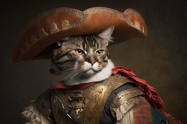 Aventurero conquistador conquistador español como gato famoso personaje histórico retrato ilustración generativa ai