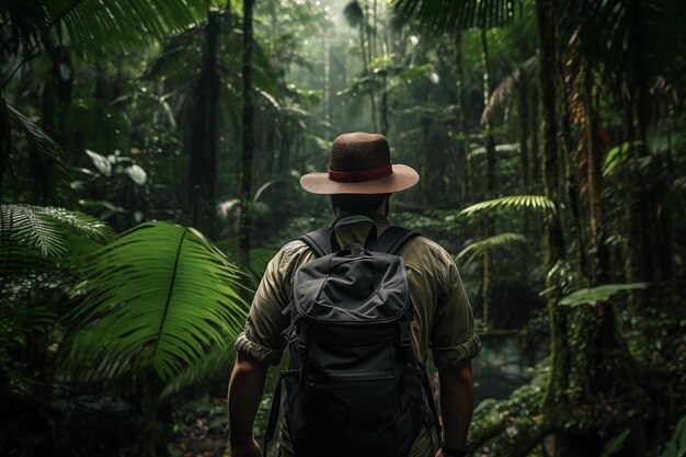 Foto un aventurero explorando la niebla de la selva tropical