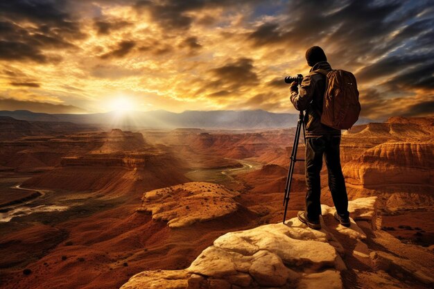 Aventurero fotógrafo mochilero de pie en el pico de la montaña y mirando el hermoso paisaje