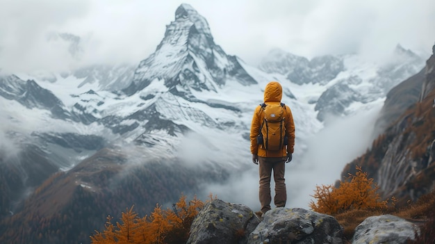 Aventurero en solitario de pie ante picos de montañas nevadas hombre con chaqueta naranja mirando a la naturaleza majestad exploración al aire libre y concepto de senderismo IA