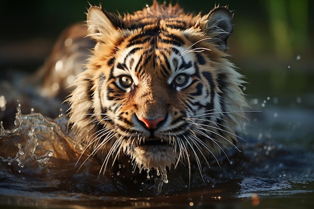 Aventurero tigre de Amur chapoteando en agua siberiana IA generativa