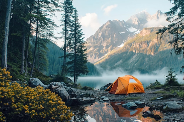 Aventureros acampando en lugares pintorescos y salvajes de la montaña