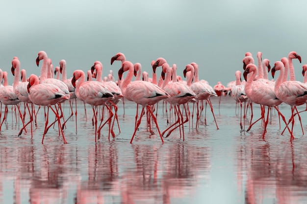 Aves africanas salvajes. Grupo de pájaros flamencos rojos africanos y su reflejo en el agua clara. Bahía de Walvis, Namibia, África