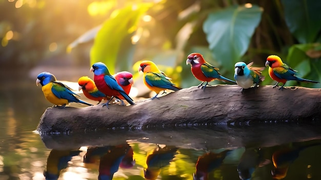 Aves de colores en un tronco en la jungla