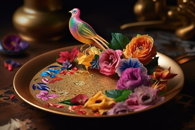 Aves coloridas alimentándose de alimentos de colores del arco iris