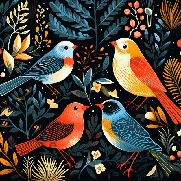 Aves coloridas ilustración digital encalladas contra el follaje exuberante y el fondo lleno de flores