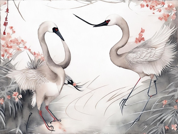 Aves de guindaste fundo japonês com textura aquarela pintura textura ilustração 3d
