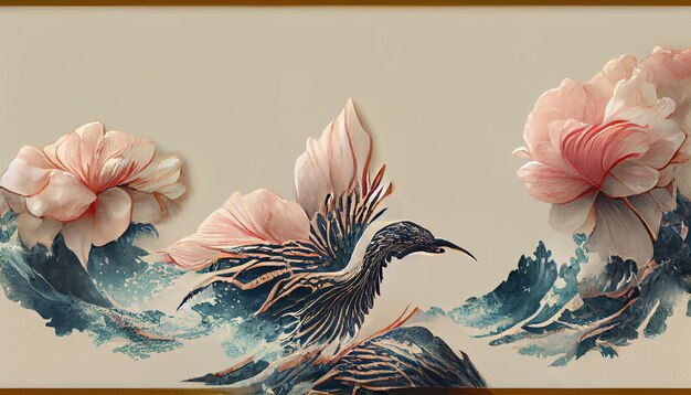 Aves de guindaste fundo japonês com textura aquarela pintura textura ilustração 3d