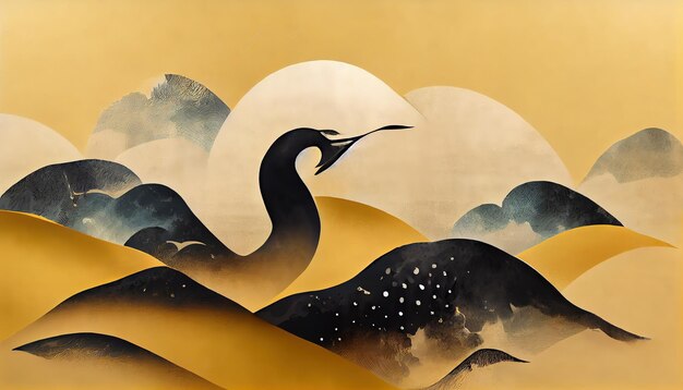 Aves de grúa y fondo de paisaje abstracto con patrón de onda japonés e ilustración de icono 3d