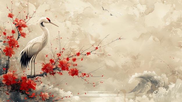 Aves de grulla modernas en estilo japonés con textura de pintura en acuarela patrón natural oriental de olas y nubes con diseño de pancarta de decoración del océano que representa bambú y flores de cerezo