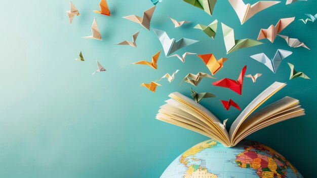 Aves de origami que llevan libros volando desde un globo terráqueo difundiendo conocimiento