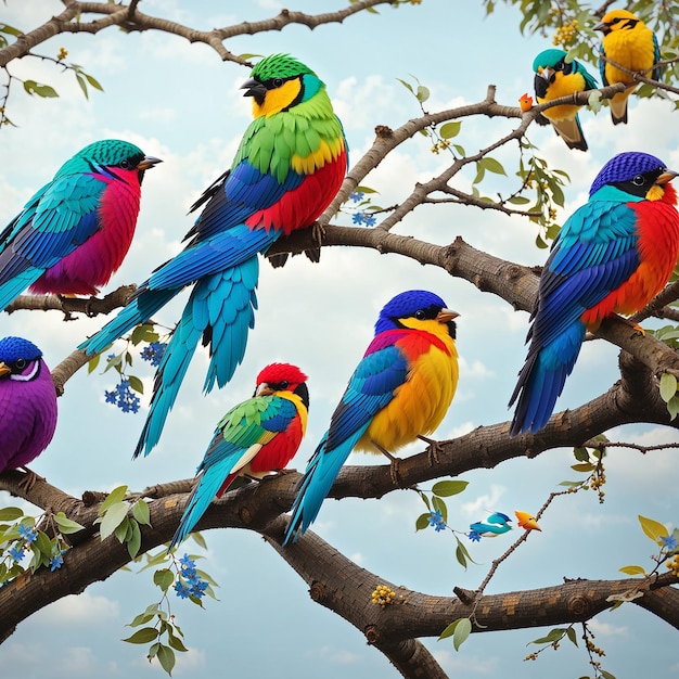 Las aves en una rama descubren la colorida armonía aviar de la naturaleza