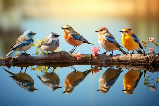 Aves en una rama con un fondo de agua que es hermoso