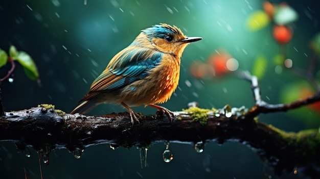 Aves en las ramas en la lluvia con fondo borroso