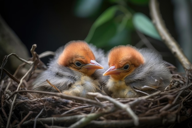 Aves recién nacidas durmiendo en su nido rodeadas de ramitas y plumas creadas con ai generativo