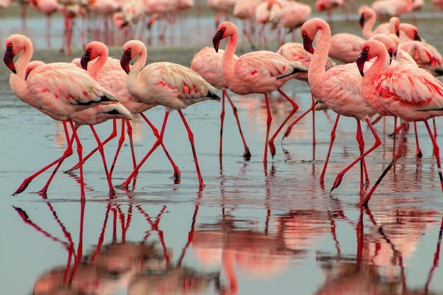 Aves selvagens africanas Groupe de pássaros de flamingo vermelho na lagoa azul