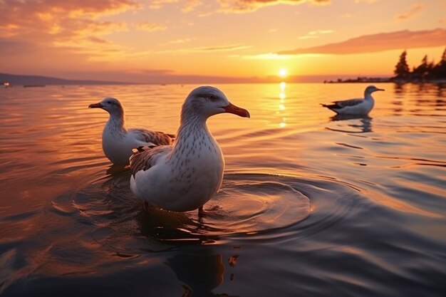 Aves en una superficie de agua con la puesta de sol en el fondo que es hermosa