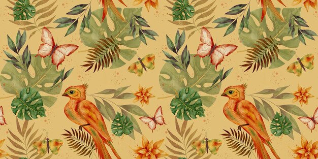 Aves tropicales vibrantes entre la exuberante vegetación y mariposas delicadas en un diseño sin costuras