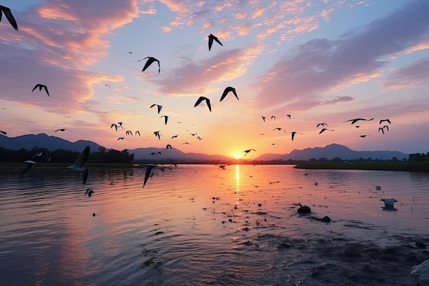 Aves voando sobre o lago tailandês ao pôr-do-sol