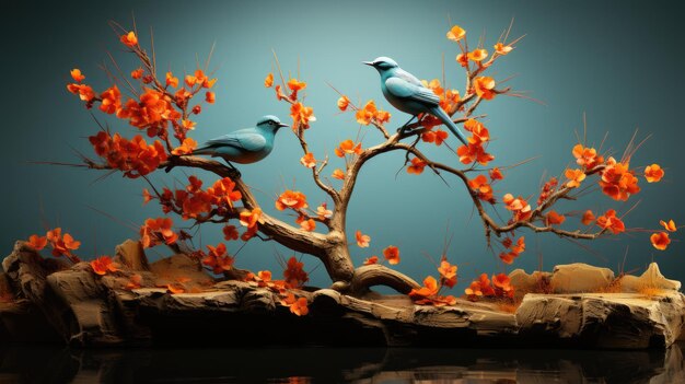 Aves volando en un árbol de la vida flores papel pintado UHD Imagen fotográfica de stock