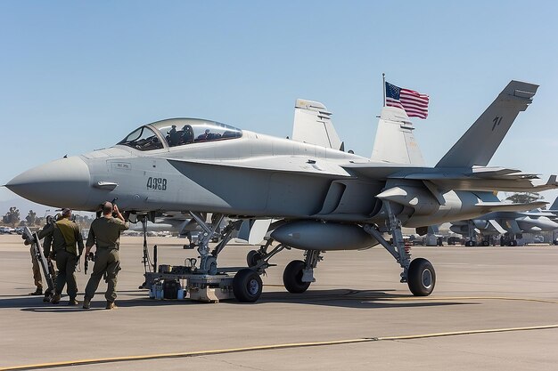 Aviadores marinhos e tripulação de apoio trabalham em FA-18 Hornets durante o show aéreo em Miramar, Califórnia, em 3 de outubro de 2015.