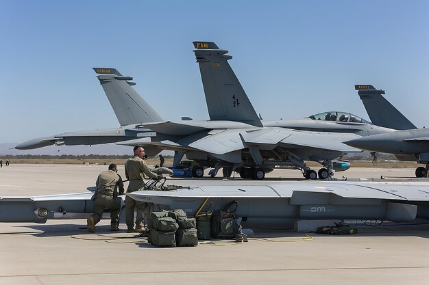 Los aviadores marinos y la tripulación de apoyo trabajan en los FA18 Hornet durante el espectáculo aéreo en Miramar, CA, el 3 de octubre de 2015.