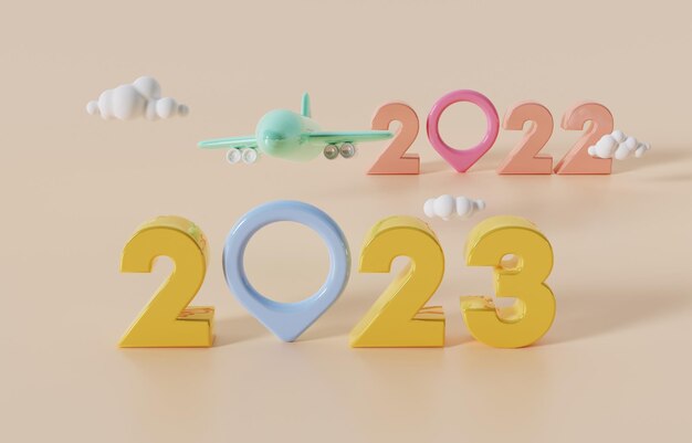 Avião 3D voando do local de 2022 a 2023, viaje no ano novo de 2023 para descobrir uma nova experiência