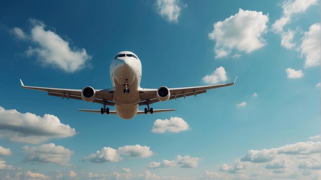 Avião a aproximar-se para pousar contra o céu.