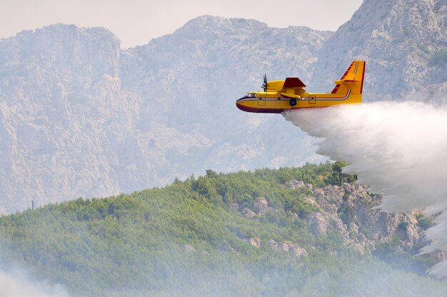 Foto avião a atirar água no fogo.