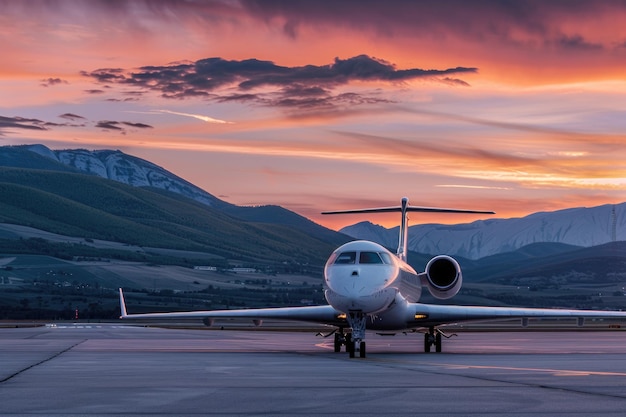 Foto avião a jato comercial estacionado no aeroporto com pôr-do-sol e colinas