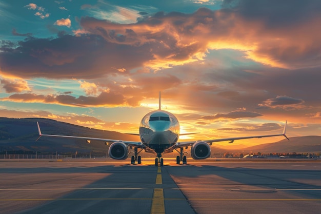 Avião a jato comercial estacionado no aeroporto com pôr-do-sol e colinas