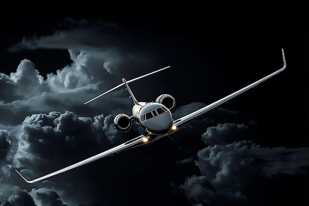 Foto avião a jato corporativo voando à noite com tempestade