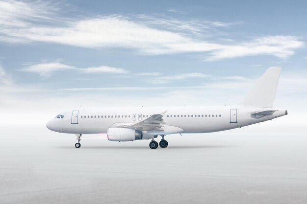 Foto avião a jato de passageiros branco isolado em fundo brilhante com céu